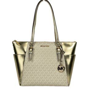 NEW Michael Kors Charlotte Large Leather Top Zip Tote Bag Purse Gold Purse NWT